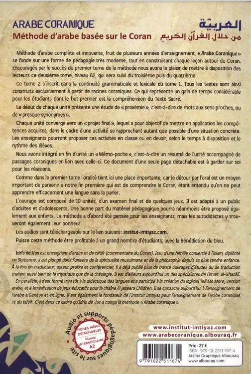 Arabe coranique Tome 2 (A2) — Idrîs De Vos | Éditions Al Bouraq Al Bouraq Livres > Islam > Apprendre l'Arabe 9791022511674 Librairie Musulmane Al-imen