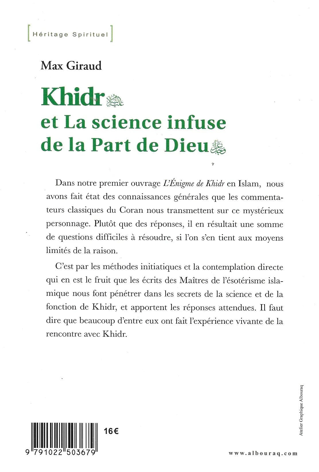 Khidr et La science infuse de la Part de Dieu (awj) de Max Giraud - Livres par édition par Al Bouraq disponible chez Al - imen