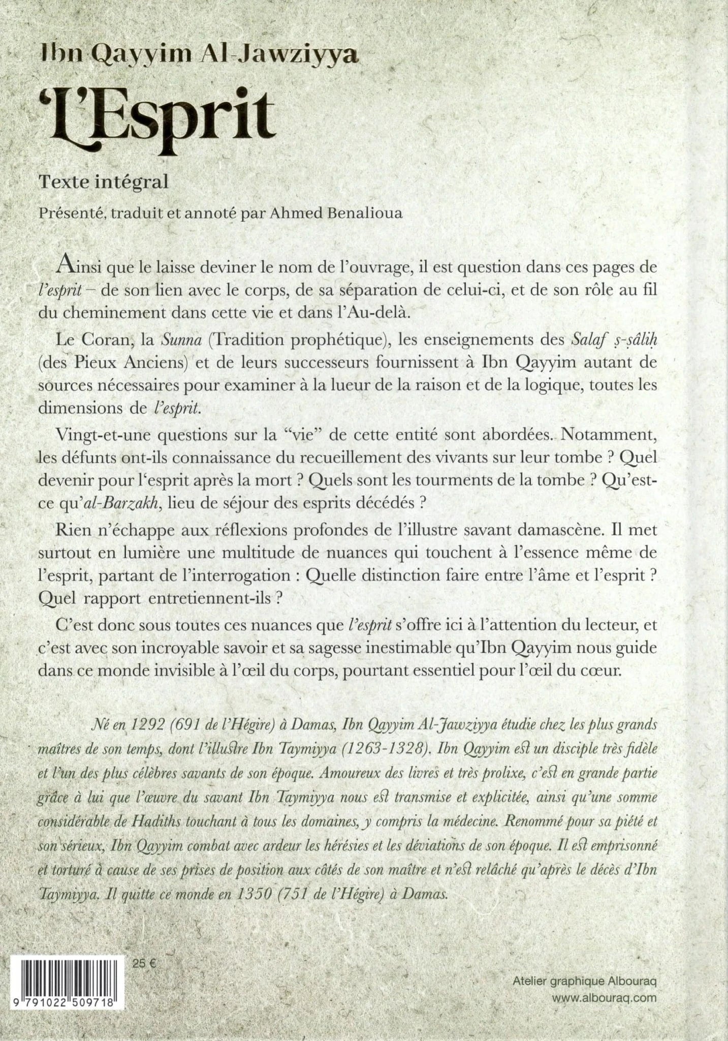 L’esprit Ar-Rûh | Ibn Qayyim Al-Jawziyya Al Bouraq Livre > Islam > Foi et Spiritualité 9791022509718 Librairie Musulmane Al-imen